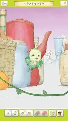 台所のような背景に、緑の葉っぱをまとった可愛らしい植物の妖精が描かれたイラスト