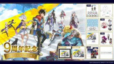 人気ゲーム「アナザーエデン」の9周年を記念したオフィシャルグッズの広告画像です。多数のキャラクターが描かれたメインビジュアルとともに、アクリルスタンド、パーカー、缶バッジなどの限定グッズが紹介されています。