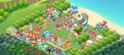 海辺に広がる街のアイソメトリックなイラスト