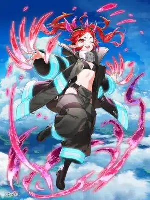 赤い髪と角を持つアニメスタイルの少女が、青空を背景に浮遊しているイラスト。