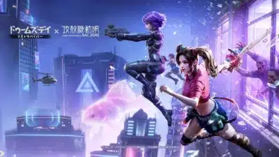 未来的なネオン輝く都市を背景に、紫髪の女性兵士が銃を構え、ポニーテールの少女がチェーンソーを振りかざし、ゾンビに立ち向かっている