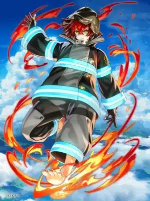 人気アニメ「炎炎ノ消防隊」の主人公、森羅日下部が空中で炎を操る姿を描いたイラスト。