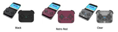 スマートフォンに装着して使用するBitPADゲームコントローラーの3つのカラーバリエーション（ブラック、レトロレッド、クリア）が紹介されています。それぞれのコントローラーがスマートフォンに接続され、ゲーム画面が表示されている様子が写っています。