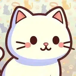 白い猫の顔が大きく描かれた可愛らしいカートゥーンスタイルのイラスト