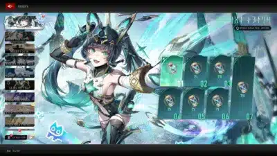 緑色の髪と瞳を持つアニメ風の女性キャラクターが中央に描かれたゲームのスクリーンショットです。背景は未来的な雰囲気で、左側にはメニューリスト、右側には砂時計のアイコンと「01」から「07」までの番号が振られたパネルが並んでいます。全体的に鮮やかで、ゲームのUIが表示されています。