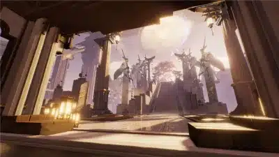 巨大な柱と輝くランタンが印象的な、幻想的な寺院風建築の風景。奥には壮大な階段が続き、空には神秘的な巨大構造物が浮かぶ。東洋風と未来的な要素が融合した、ゲームの世界のような壮大な光景です。