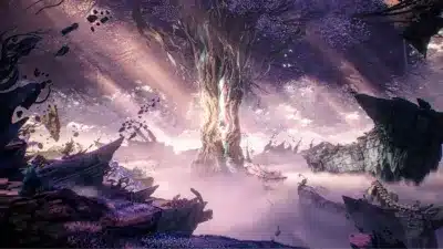 紫色の葉を持つ巨大な木が中央にそびえ立つ幻想的な風景