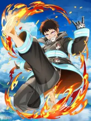 炎炎ノ消防隊の主人公、森羅日下部が炎をまとってダイナミックなポーズを取っているイラスト