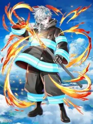 炎炎ノ消防隊のキャラクターと思しき、白い髪の男性が描かれたイラスト。消防服を着用し、炎をまとった剣のような武器を構えている。