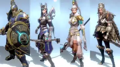 異なる種類の鎧や衣装を身につけた4人のファンタジーキャラクター