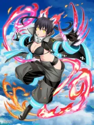 人気アニメ「炎炎ノ消防隊」のキャラクター、環古達が猫耳と炎を纏い、ダイナミックなアクションポーズをとっているイラストです。