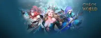 「CHAOS WORLD」のロゴと共に、剣を持つ戦士、王冠をかぶった女王、杖を持つ魔法使いの3人の女性キャラクター