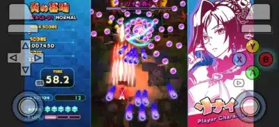 弾幕シューティングゲームのプレイ画面です。左側にはスコア、タイム、コイン、ライフなどのUIが表示され、中央ではプレイヤーキャラクターが敵の弾を避けながら攻撃しています。右側には「リナイ」というプレイヤーキャラクターのアニメ風イラストが描かれています。