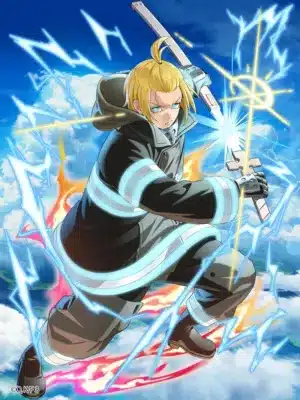 炎炎ノ消防隊に登場するような、金髪の男性アニメキャラクターが描かれています。消防隊員のような制服を身に着け、剣を構え、雷と炎のエフェクトを伴った躍動感あるポーズを取っています。