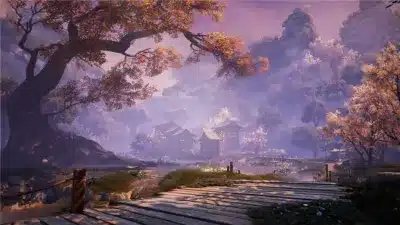 霧が立ち込める幻想的な山間を背景に、趣のある日本家屋が点在する美しい風景です。手前には紅葉した木々と木製の桟橋があり、全体的に暖かくも神秘的な雰囲気を醸し出しています。