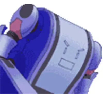 青と紫を基調とした、ずんぐりとした体型のロボットまたはメカのキャラクターのイラスト