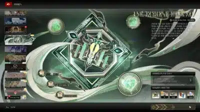 緑と黒を基調としたファンタジーゲームのユーザーインターフェース画面です。中央には複雑なデザインのアイコンがあり、左側にはキャラクターやミッションらしきリスト、右側と下部にはアイテムや設定に関連するメニューが表示されています。ほとんどのテキストは判読不能な架空の文字で書かれています。