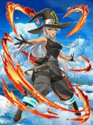 白い髪と褐色の肌を持つアニメ風の女性キャラクターが、炎に囲まれながらダイナミックなポーズを取っています。