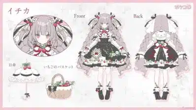 「イチカ」というキャラクターの衣装デザイン画です。いちごや時計のモチーフがあしらわれたゴシックロリータ風のドレスを着用した少女が描かれており、正面と背面、顔のアップ、そして関連する日傘といちごのバスケットも紹介されています。