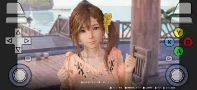 「デッドオアアライブ エクストリーム ヴィーナス バケーション」のゲーム画面。可愛いキャラクター「みさき」がトロピカルなリゾート地で「一緒に頑張りましょ」と話している様子。ゲームコントローラーのUIが表示されている。