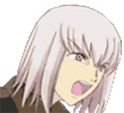 白い髪とピンクの瞳を持つアニメ風の女性キャラクター