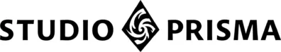 「STUDIO PRISMA」という文字と、その間に配置された菱形の抽象的なロゴが特徴的な、白黒の企業ロゴデザインです。