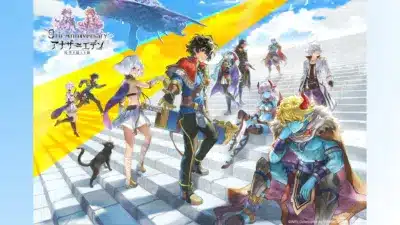 『アナザーエデン 時空を超える猫』の主人公とその仲間たちが集結し、ファンタジーの世界観を表現したイラスト。