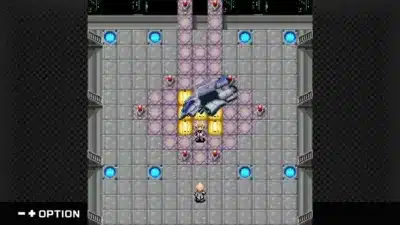 ドット絵で描かれたゲーム画面。未来的な基地のような場所で、主人公らしきキャラクターが宇宙船の前に立っている