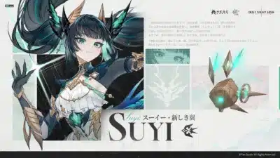 ゲーム「DUET NIGHT ABYSS」のキャラクター「SUIYI」のイラスト。緑色の髪と瞳を持つ女性が、精巧な装飾品とメカニカルな要素を身につけ、神秘的な雰囲気を醸し出している。