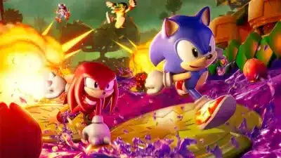 ソニックとナックルズが爆発が起こるカラフルなゲームの世界を駆け抜ける