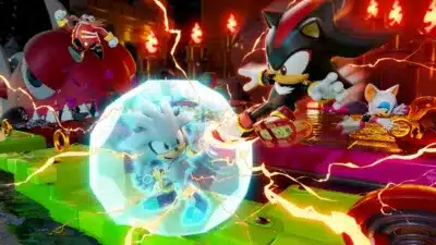 ソニックシリーズのキャラクターたちが激しい戦闘を繰り広げるシーン