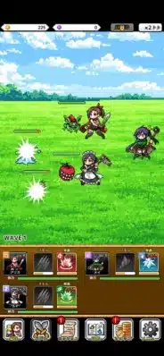 ピクセルアートスタイルのモバイルゲームの戦闘画面