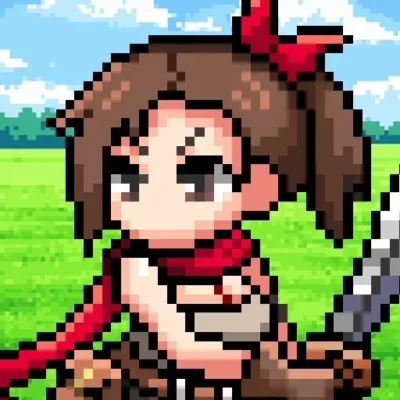 赤いリボンとスカーフを身につけ、ナイフを持つ少女のキャラクター
