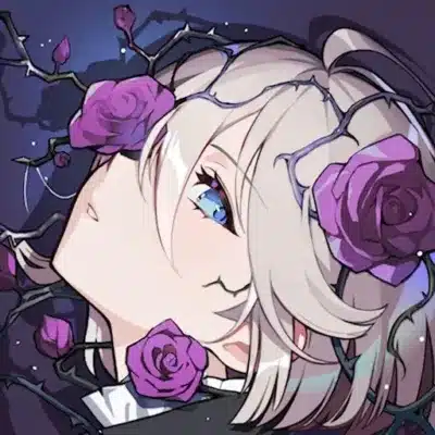 紫色のバラと棘に囲まれた、青い目のアニメ風の少女のイラスト