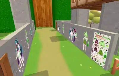 バーチャル空間の屋外通路に展示されたアニメ風のキャラクターイラスト