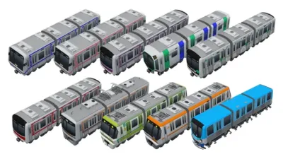 様々な色とデザインの鉄道車両が二列に整然と並べられています。