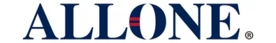 白い背景に「ALLONE」という青い文字のロゴが表示されており、文字「O」の中には2本の赤い水平線がある。右端には登録商標マークが付いている。