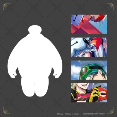 ディズニー作品『ベイマックス』のシルエットと、枢やな氏がイラストを手がける『ディズニー ツイステッドワンダーランド』のキャラクター4人のイラストが並べられた画像です。ゲームとのコラボレーションを示唆しています。