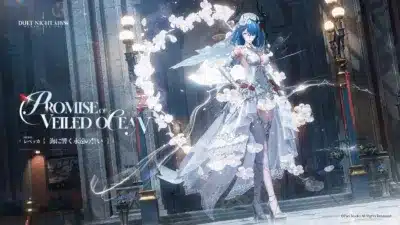白いウェディングドレスをまとった青髪の少女が、夜の厳かな街並みで輝く白い花々に囲まれて佇む美しいイラスト