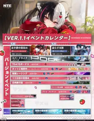 「NEVERNESS TO EVERNESS」のバージョン1.1イベントカレンダーです。6月から7月にかけて開催される様々なイベントの期間と内容が詳細に示されています。