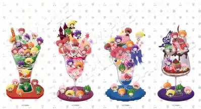 フルーツとデザートに囲まれたちびキャラたち