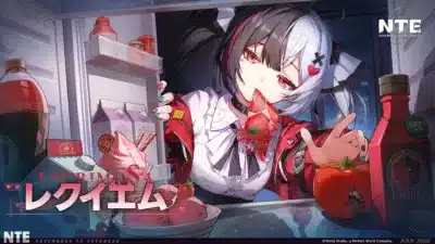 白黒髪の少女が冷蔵庫を覗き込み、トマトソースのパウチを噛んでいるイラスト。冷蔵庫にはトマトやアイスクリームなどが並び、不気味なゴキブリもいる。