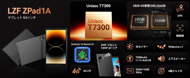 LZF ZPad1Aタブレットが楽天市場に登場!2.5K 90HzディスプレイとT7300搭載でアプリゲームも推し活も快適に!