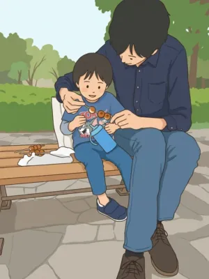親子でだんごを食べるイラスト