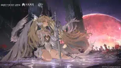 翼を持つ金髪の女性が剣を携え、水面に座るダークファンタジーなイラスト