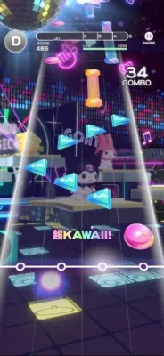 サンリオキャラクターたちが登場するリズムゲームのプレイ画面