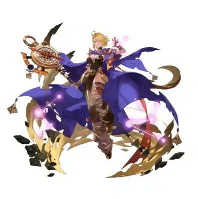 金髪の女性キャラクターが、青いケープを纏い、コンパスと鎌が一体となったような杖を携えています