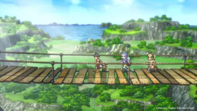 吊り橋を渡るキャラクターたち