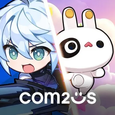 画像は左右に分割されており、左側には水色の髪をしたちびキャラ風のアニメキャラクターが武器を持っており、右側にはパンダのような目をした白いウサギのキャラクターが描かれています。下部には「com2us」のロゴがあります。