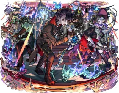 バンド,ロック,ライブ,キャラクター,ファンタジー,ゴシック,音楽,ボーカル,ギター,ドラム,ベース,ステージ,青い炎,アニメ風,モンスター